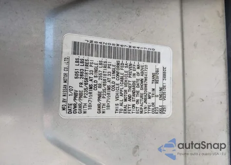 2007 Nissan Murano Sl from USA, damaged, VIN JN8AZ08W67W641720